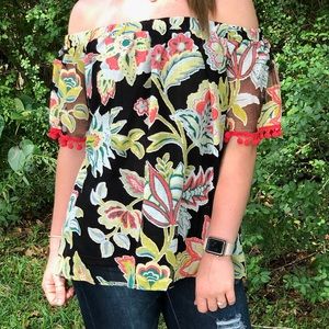 Floral Embroidered Off the Shoulder Top with Poms